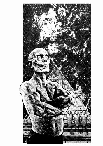 A muscular man standing with arms crossed, his head is emaciated like a desiccated corpse, a pyramid rises behind him and the night sky swirls with stars above him.