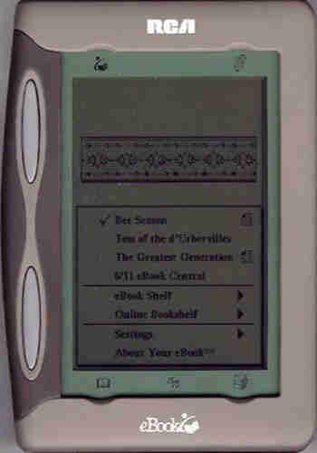 Still image. A 20 year old ebook reader from RCA, model REB1100. Small green screen with black writing, extremely thick greygreen bezels with a rubberized insert and two big scroll buttons. 