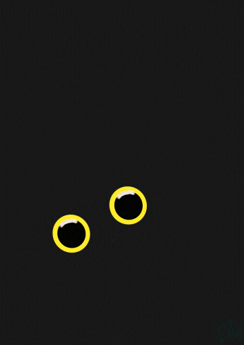 Digital drawing of a black cat in a dark room- only the yellow eyes and top of the nose are visible.