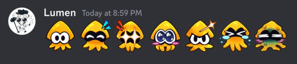 A cropped screenshot of a discord message, user lumen sending seven splatoon themed emoji, looking neutral, happy, starry-eyes, cute and blushy, serious, sad and queasy. Timestamped to 8:59 PM.