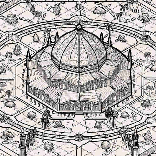 isometric illustration of a palace surrounded by a lavish garden.