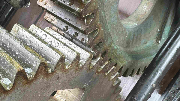 Two large gears with drops of water on the teeth. 