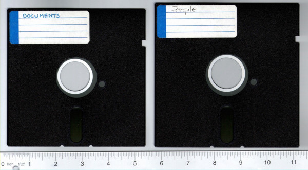 A photo of a 5.25" and a 5.5" floppy disk next to each other. Despite looking very similar, they are not, as one is different.