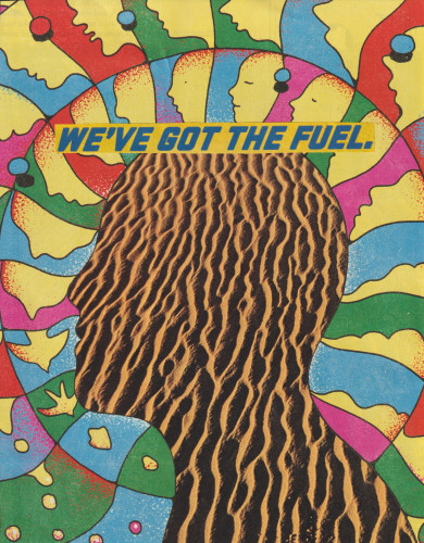 a head made of brain-like sand ripples, a halo of colorful heads, and the words "we've got the fuel"