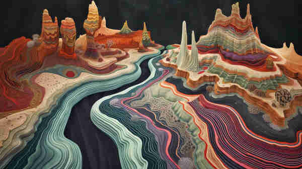 An artistic representation of the Grand Canyon, depicted in a highly stylized manner. It shows a range of stratified rock formations with exaggerated, undulating layers of vibrant colors that mimic the natural layering of geological formations. The colors range from deep reds, oranges, and yellows to cool blues, greens, and purples, creating a rich tapestry that flows like waves, suggesting the canyon’s grandeur and complex history. The sky above is dark, hinting at a night scene, and the textures are detailed, giving a sense of otherworldliness. This rendition of the Grand Canyon emphasizes its majesty and the dynamic processes that have shaped it over millions of years.