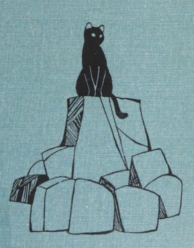 Striking illustration of a black cat sitting up on top of a pile of large rocks and boulders, calmly surveying its surroundings. It is a black line illustration printed on a medium-light blue canvas book cover.