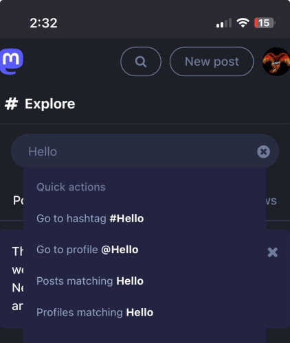 A screenshot of Mastodon search of "hello". The first options are to search for the specific hashtag, posts containing the word, or profiles containing the word.