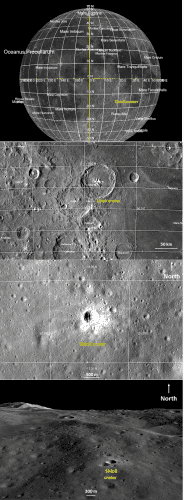 3 maps zooming in to the location of the Shioli crater on the moon.
The last 3D graphic shows Shioli located on a sloping lunar surface, surrounded by other small craters