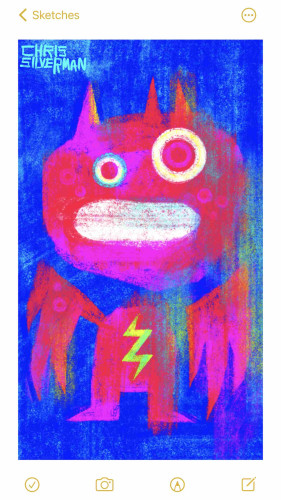A roughly rendered figure with three horns; a large, open mouth; round, staring eyes; and two appendages that could be either giant clawed hands or bat-like wings. The figure has a neon yellow lightning bolt on the front of it. This is a red and crimson figure on a cobalt blue background.