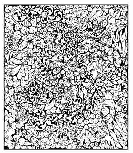 A page filled with detailed black ink doodles of leaves and plants and flowers, the spaces between them filled with black.