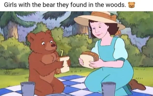Still image. Screen Capture from Maurice Sendak's Little Bear, a person in a broad sunhat, wearing a long light blue dress with a square neck and lighter blue sleeves. They and a small bear are sitting on a picnic basket about to eat sandwiches. 

Top text reads:
Girls with the bear they found in the woods 🐻