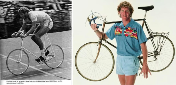 Two photos of Bill Walton with bikes - one where he's riding a bike and one where he's carrying his bike