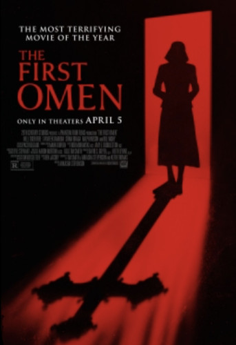 Movie poster for THE FIRST OMEN
A shadow of a woman stands in a red doorway where the shadow thrown is a crucifix/cross