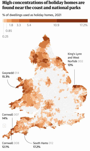 Map from this article, showing second home home ownership across the UK, with particularly high concentrations in coastal areas like Wales and Cornwall

Guardian graphic. Source: Census 2021, ONS. Note: count is by MSOA, a sub-unit of a local authority designated by a number, eg Cornwall 007. MSOAs with a numerical holiday home count below 10 are excluded (grey on the map). Local authority boundaries shown in white