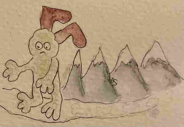 Drawing of a rather desperate huge white creature with a pair of red socks on their head, walking aimlessly in front of a range of mountains.