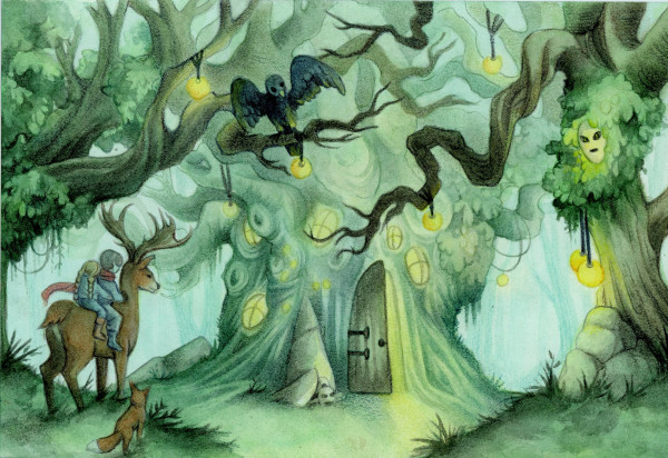 Deux enfants sur le dos d'un cerf voyagent dans les bois d'une sorcière en compagnie d'un renard et d'un corbeau