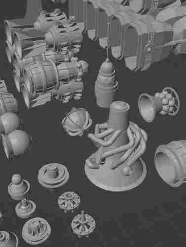 An array of weird little sci-fi ship bits - or greebles - that I’m building in Blender.