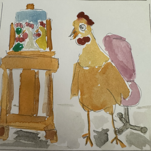 A chicken stands by an H frame easel with a painting in progress on it. 