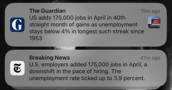 Two small news alerts. The second one is from The New York Times:
1.  The Guardian
US adds 175,000 jobs in April in 40th straight month of gains as unemployment stays below 4% in longest such streak since 1953

2. Breaking News
U.S. employers added 175,000 jobs in April, a downshift in the pace of hiring. The unemployment rate ticked up to 3.9 percent.