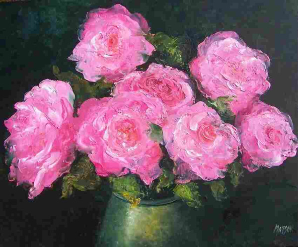 An oil painting of Bright pink roses from my cottage garden arranged in an antique copper vase. The background is a dark olive green.