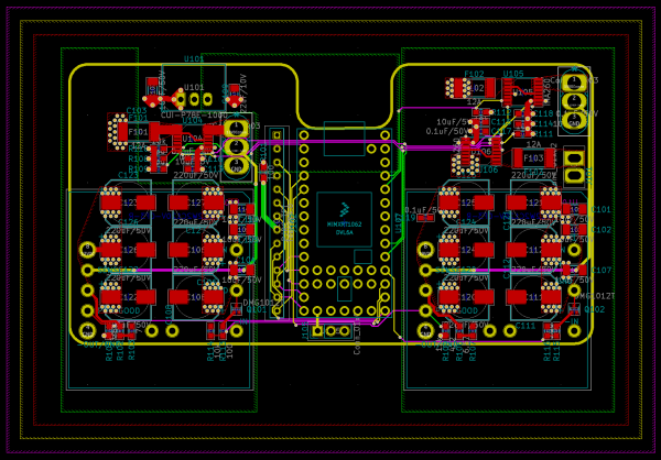 Partly finished 4 layer PCB for controlling and monitoring two power supplies. Wide yellow line is the edge of the PCB. The lines with diagonal strokes off their sides are the edges of power planes.