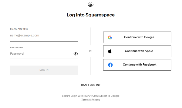 A screenshot of Squarespace.com's login page, which until very recently used to have an option for logging in or creating an account with an email address. The site still supports email logins, but new accounts can only currently be created with social logins ("Continue with Google" e.g.). This change happened sometime this weekend.