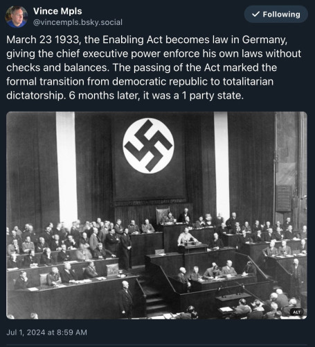 @vincempls.bsky.social March 23, 1933, the Enabling Act becomes law in Germany, giving the chief executive power enforce his own laws without checks and balances. The passing of the Act marked the formal transition from democratic republic to totalitarian dictatorship. 6 months later, it was a 1 party state.