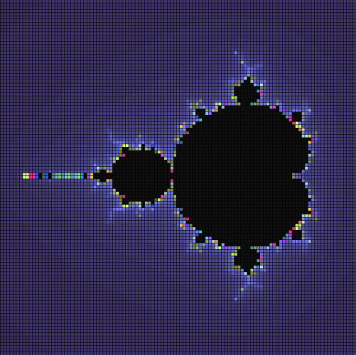 A blocky low-res rendition of the Mandelbrot set fractal, mostly in purple.