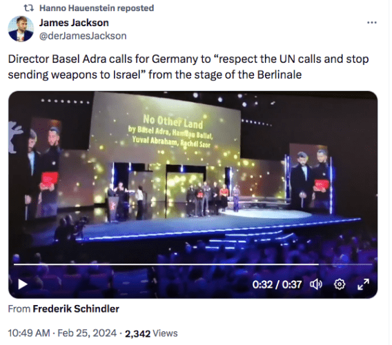 Director Basel Adra calls for Germany to “respect the UN calls and stop sending weapons to Israel” from the stage of the Berlinale 