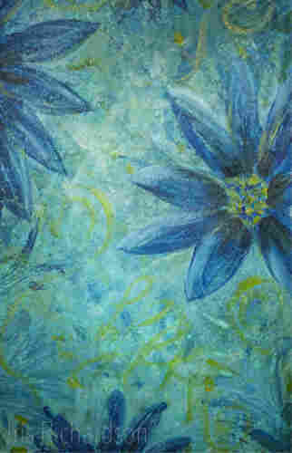 Blue Garden -  Large blue flowers with gold accent with a soft blue textured background. A vibrant blue and green background is adorned with abstract floral patterns and swirling designs. Yellow accents add a touch of complementary color, highlighting the textured surface of the work. Artist Iris Richardson, Galleries Pixel, Pictorem and ArtHero