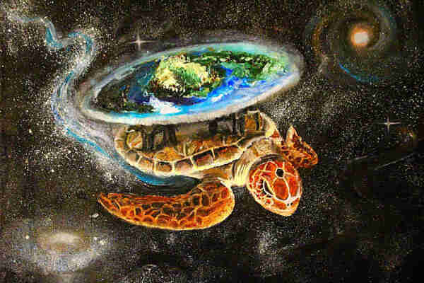 Picture the Discworld atop 4 elephants standing on the back of Great Atuin, the world turtle.