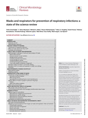 Clinical Microbiology Reviews: Masks and respirators for prevention of respiratory infections: a state of the science review