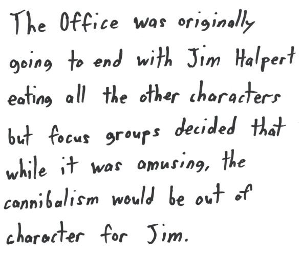 The Office was originally going to end with Jim Halpert eating all the other characters but focus groups decided that while it was amusing, the cannibalism would be out of character for Jim.