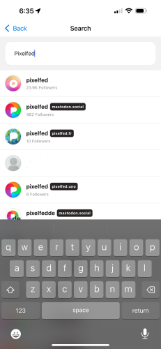 Pixelfed mobile app search screen