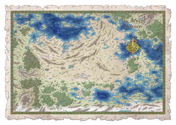 A map showing a huge desert area. The compass shows enameled serpents fighting