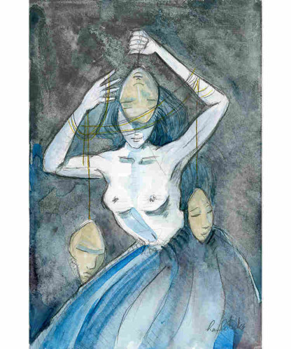 watercolor of a woman with masks hanging from string. She's in a blue striped dress.
