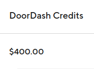 Screenshot: DoorDash Credits, $400.00