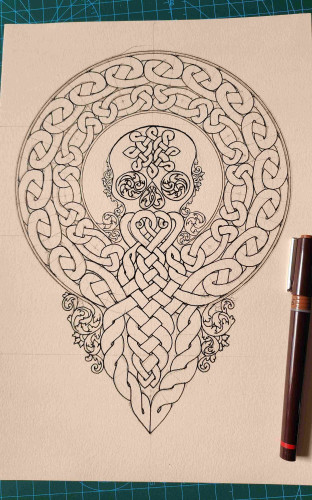 The above image, a skull with celtic knotwork, inked in black line art