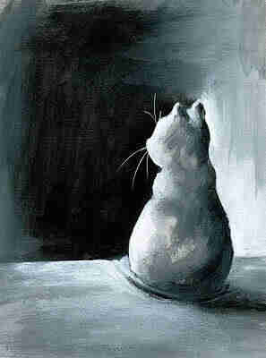Rather minimalistic painting coloured balck, white and grey, of a rather light grey coloured cat, seen from the back, sitting down on a light grey substrate, staring into a black void that is surrounded with various shades of grey. 