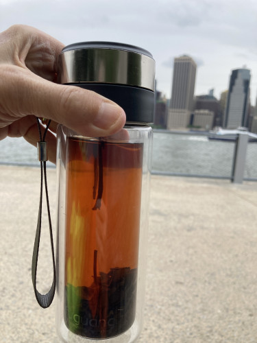 Hand holding tea jar filled with reddish tea liquor with leaves at bottom, with Lower Manhattan skyline across the harbor in the background 