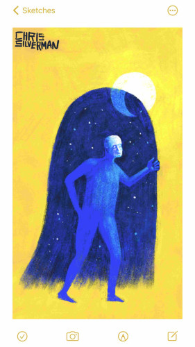 A bright yellow background, and a glowing white sun. In the foreground, a blue figure walks, seemingly covered by a ghost-shaped night sky. The figure is set against the night sky, which is dark blue, has a crescent moon, and is covered with stars. It looks as though the night is a cloak that the figure is wearing during the day. (I realize this person looks like Dr. Manhattan and it is not Dr. Manhattan.)