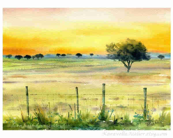 Alentejo Sunset Original Handmade Watercolor Painting by Dora Hathazi Mendes