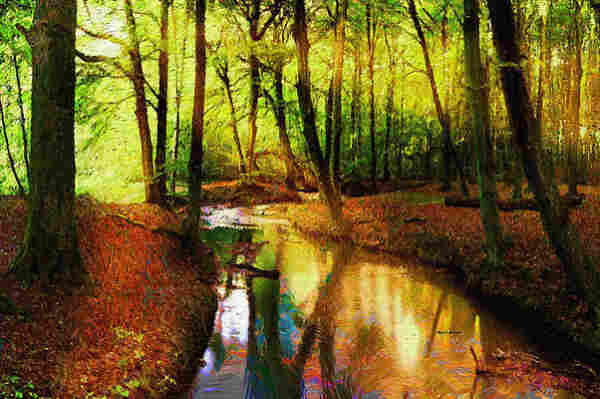 Warm bright coloured atwork of a scenery in a forest, with a shiny blue and yellow coloured vertical river in the middle. The soil on both sides is covered with litltle brownish red leaves, and there are many brown tree trunks. Through the trees you see the bright light green background. 