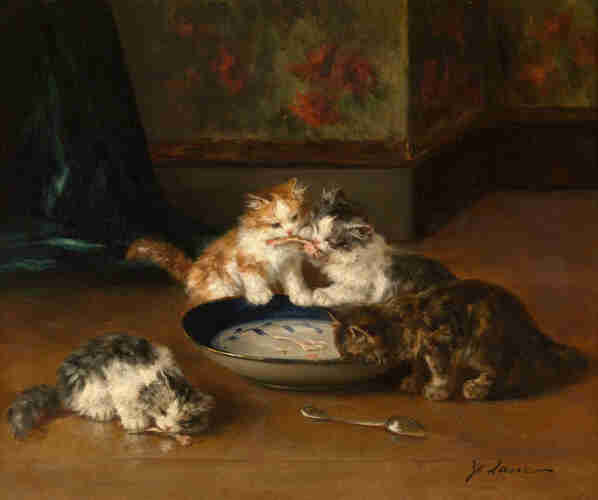 Vintage painting of four kittens at a plate of food.