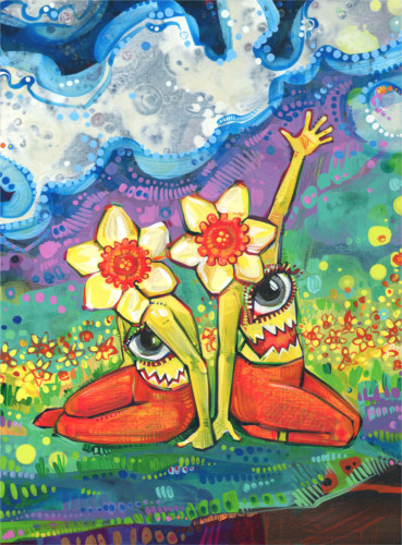 painting of two daffodil monsters, one smiling shyly and the other waving