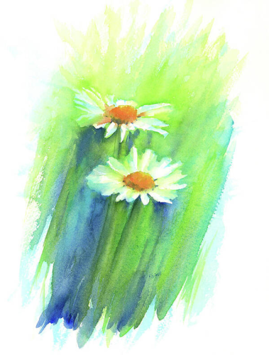 Daisy Duet is a watercolour painting in portrait format painted by the artist Karen Kaspar. Two white daisies are blooming in a green meadow. They dance merrily in the summer wind.
