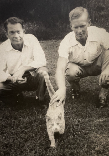 Black and white photo of two white men in trousers and button up shirts, squatting side by side on a lawn. One of them is petting the star of the photo - a shorthaired tabby cat that is coming toward the camera with tail raised high.