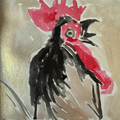 Black and red rooster mid crow against a shiny background.