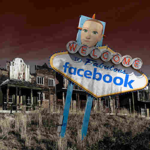 A crumbling western ghost town beneath a brooding, reddish sky. In the foreground is a tilted, scorched 'Welcome to Las Vegas' sign. 'Las Vegas' has been replaced with 'Facebook.' The Mark Zuckerberg metaverse avatar's face has been superimposed over the starburst motif at the sign's top.