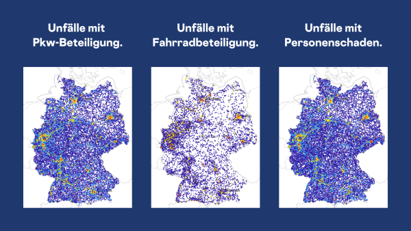 Du siehst drei Deutschlandkarten. Zwei sind sehr blau - sie zeigen auf Unfälle mit Auto-Beteiligung und Unfälle mit Personenschäden. Eine sehr viel "luftigere" Karte mit vielen weißen Stellen zeigt die Unfälle mit Fahrradbeteiligung.